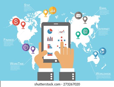 Businessman hold phone and world map with location pointer ( Infographic vector )
