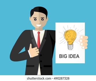 Businessman hold Placard in hands with big idea. Flat design illustration concepts for big idea, marketing, brainstorming, business, analysis,company strategy, project management.