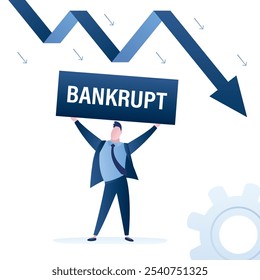 Businessman hold placard with text - bankrupt. No money. Fall chart and male employee character isolated on white background. White collar worker. Financial crisis concept. vector illustration