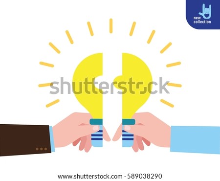 Businessman hold puzzle in hand connected in lightbulb.
Symbol of Cooperation. Partnership. teamwork. Successful.
Vector flat cartoon character icon design illustration.
Business creative concept.
