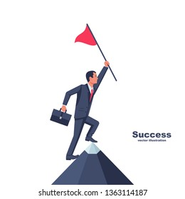 Businessman hold red flag on top of mountain. Goal achievement. Mountain peak as a symbol successfull mission. Business concept. Enjoys victory. Progress. Achievements in work.