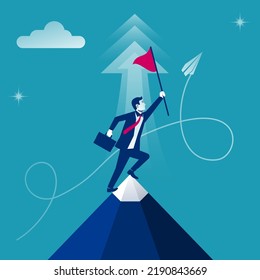 Businessman hold red flag on top of mountain. Goal achievement. Mountain peak as a symbol successfull mission. Business concept. Enjoys victory. Progress. Achievements in work.