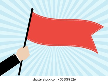 Businessman hold a red flag on bright blue sun rays background. Vector illustration business success concept design.