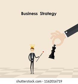 Businessman hold Scepter in his hand.King of chess with Business Marketing Strategy.Businessman hand holding chess king piece icon.Chess concept.Business strategy concept.Success or leadership sign.