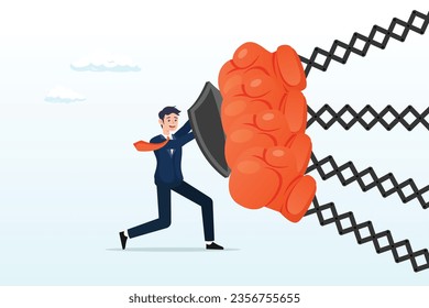 Businessman hold shield to fight with multiple fighter punch, business threat, fight to survive in business competition, resilience or adversity, challenge or survive to win, courage fighter (Vector)