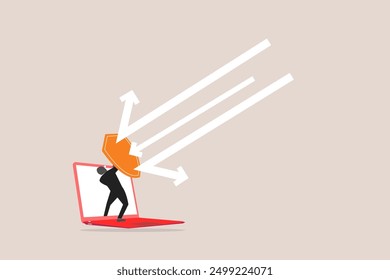 Businessman hold shield on computer laptop protect cyber attack. concept of security, safety computer network, protect online, and digital privacy