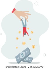 businessman hold small people shaking to get all their money.flat vector illustration.