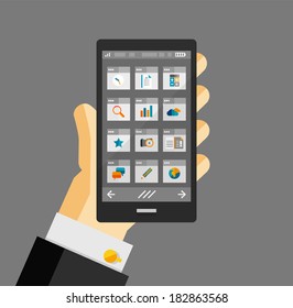 Empresario sostiene smartphone con aplicaciones. Diseño de unidad de medida plana y responsable