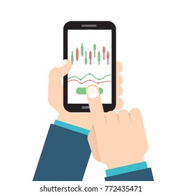 Businessman hold smartphone with candlestick chart app. Vector illustration.