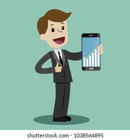 Businessman hold a smartphone with chart graphs on the screen. Vector, illustration, flat