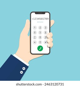 Businessman hold smartphone in hand. Dialing numbers. Vector illustration, flat design.