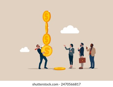 Businessman hold of stack of unstable coins. Assisting business people to overcome difficulties. Financial instability.  Flat vector illustration