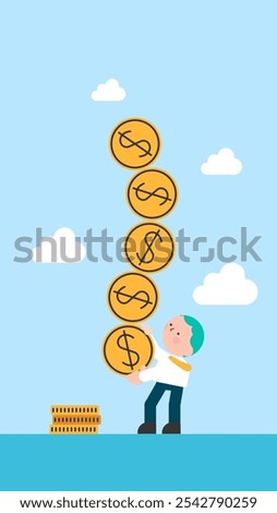 Businessman hold of stack of unstable coins. Financial instability. Flat vector illustration