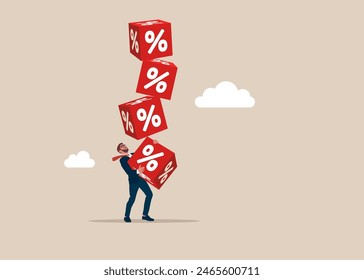 Businessman hold of stack of unstable cube block with percentage icon. Crisis monetary policy number below zero growth. Flat vector illustration