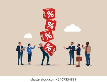 Businessman hold of stack of unstable cube block with percentage icon. Interest, financial and mortgage rates. Vector illustration.