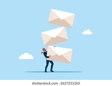 Businessman hold of stack of unstable envelopes. Send email newsletter online. Email marketing campaign, subscription newsletter or online announcement to customer. Flat vector illustration