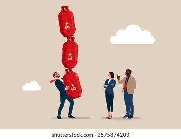 Businessman hold of stack of unstable gas cylinders. Instability sale of natural gas. Flat vector illustration