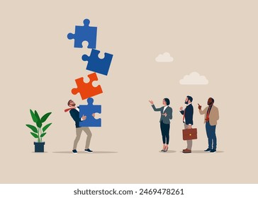 Businessman hold of stack of unstable puzzle. Flat vector illustration