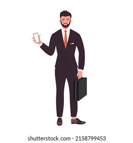 Businessman hold suitcase and phone. Standing manager in black suit vector illustration