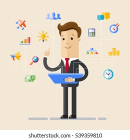 Businessman  hold tablet and choose  virtual icons. Set of office and business flat icons. Vector, illustration