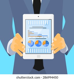 Businessman Hold Tablet Computer Finance Pie Diagram Infographic Financial Business Man Graph Vector Illustration