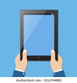 Businessman hold tablet with empty blue screen. Flat design style vector illustration for web banner, web site, infographics