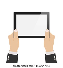 Businessman hold tablet with empty white screen. Hands hold laptop. Template design for web banner, web site, infographics. Vector illustration