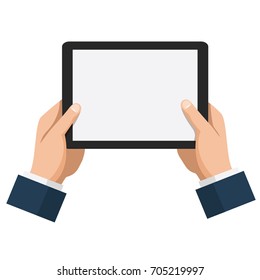 Businessman hold tablet with empty white screen. Flat design style vector illustration for web banner, website, infographics