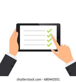 Businessman hold tablet and fill the green check list on the screen vector illustration