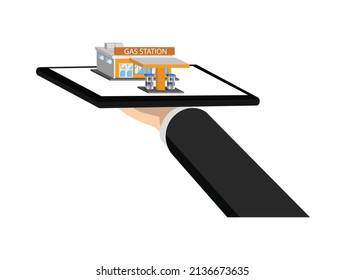 Businessman hold tablet with Gas station building, vector illustration