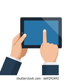 Businessman hold tablet and pointing empty blue screen. Flat design style vector illustration for web banner, web site, infographics