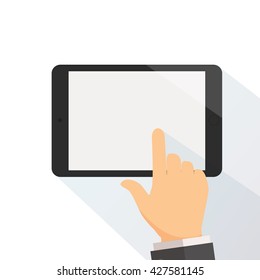 Businessman hold tablet and pointing on the screen concept vector illustration