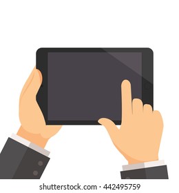 Businessman hold tablet and pointing on the screen concept vector illustration