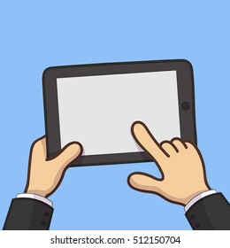 Businessman hold tablet and pointing on the screen concept vector cartoon  