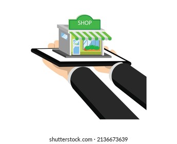 Businessman hold tablet with Shop building , vector illustration