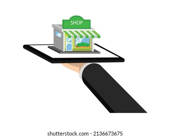 Businessman hold tablet with Shop building , vector illustration