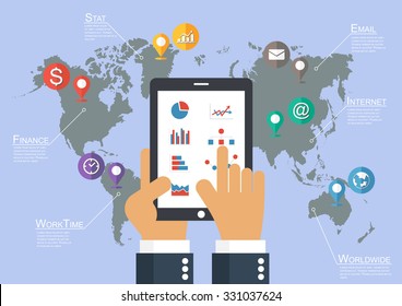 Businessman hold tablet and world map with location pointer ( Infographic vector )