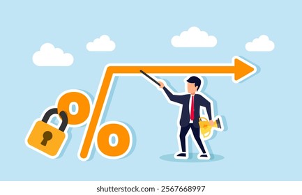 A businessman hold a trophy and explains an arrow from a sealed percent sign, illustration of educate on the importance of market share percentage in become a leading company