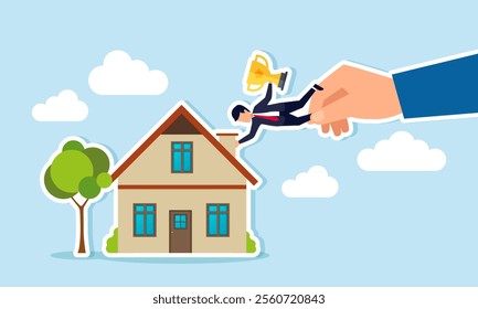 A businessman hold a trophy is pulled by a hand while tightly grip a house chimney, illustration of recruit a good manager from their comfort zone in a previous company