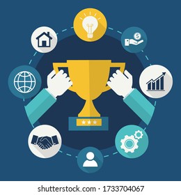 Businessman hold trophy with symbol element background. vector illustration banner flat design. business and finance concept. teamwork management  for seccess. Prize for winner.