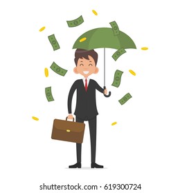 Businessman hold umbrella and standing under money rain, Successful concept, Vector illustration flat design style and isolated on white background