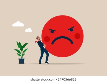 Businessman hold of wicked face symbol. Burnout from tiring work or demotivation from failure, stress. Flat vector illustration.