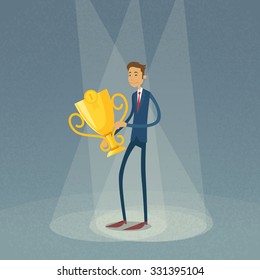 Businessman Hold Winner Cup First 1 Place Flat Retro Vector Illustration