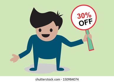 Businessman holding 30% off banner