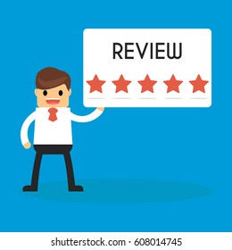 Businessman holding 5 star review sign. success and mission. Flat style.