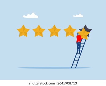 businessman holding 5th star climb up ladder to put on best rating,Customer give five-star rating service and positive feedback concept in customer satisfaction