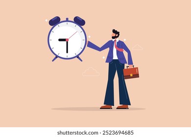 Businessman holding an alarm clock, symbolizing time management and productivity in a modern workplace setting.
