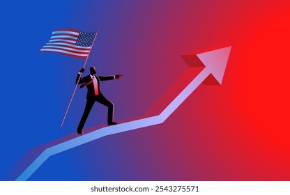 Empresario sosteniendo la bandera estadounidense encima de un gráfico de flecha ascendente, que simboliza el crecimiento económico, el éxito y la ambición. Conceptos de mercados financieros, logros corporativos y oportunidades de negocio