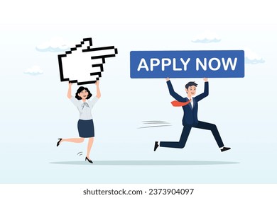 Businessman holding apply now button and businesswoman with mouse pointer to click, apply new job online, career opportunity or employment vacancy, job application or opening position (Vector)