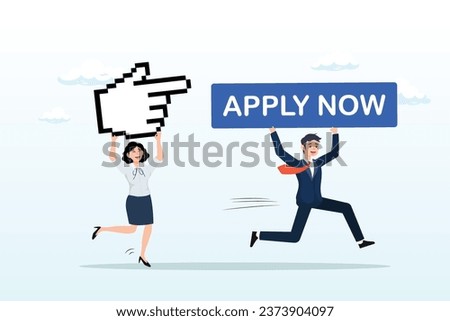 Businessman holding apply now button and businesswoman with mouse pointer to click, apply new job online, career opportunity or employment vacancy, job application or opening position (Vector)